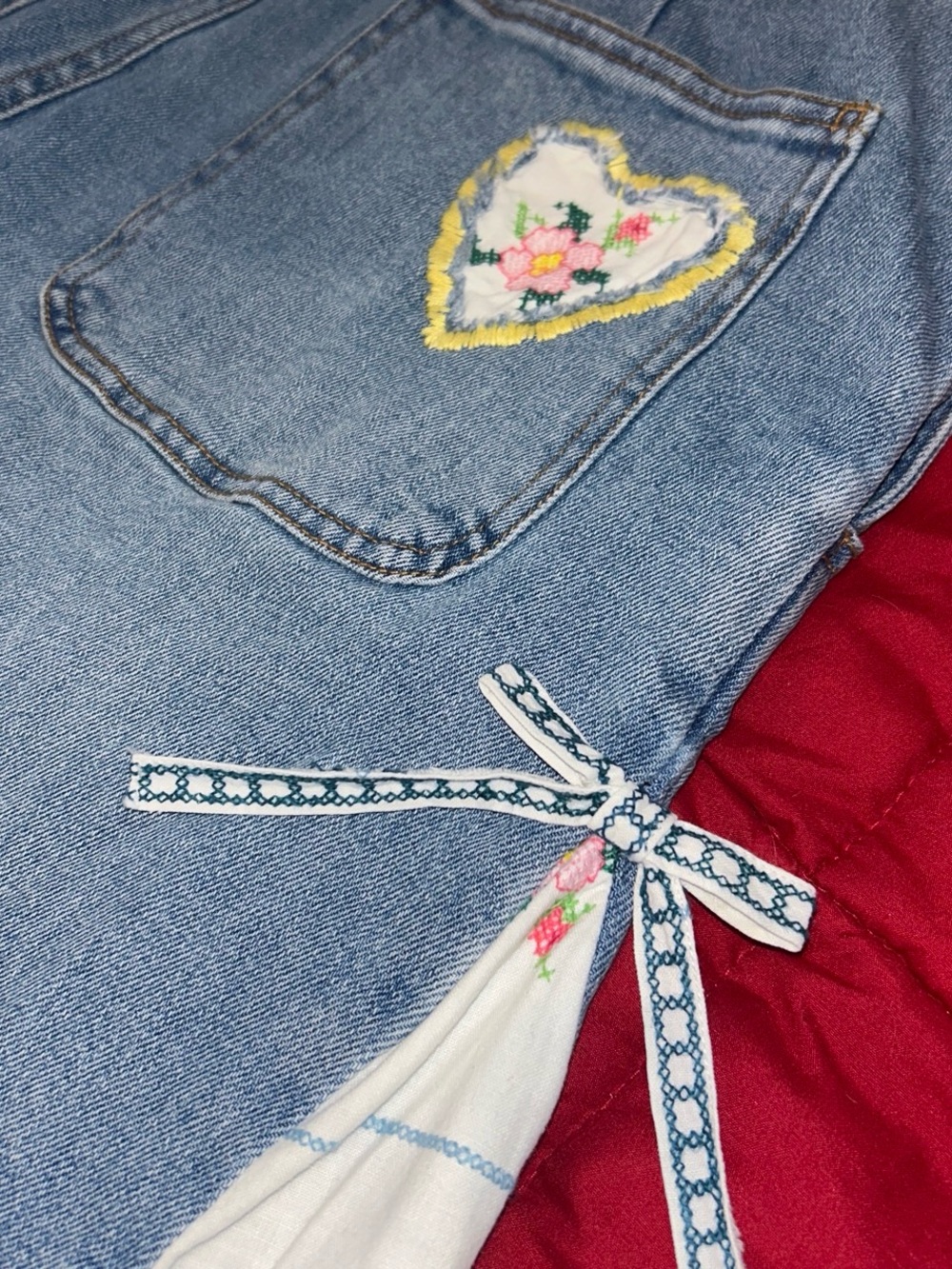 Reworked Denim Flare Overalls with Floral Cross Stitch Buttons and Details